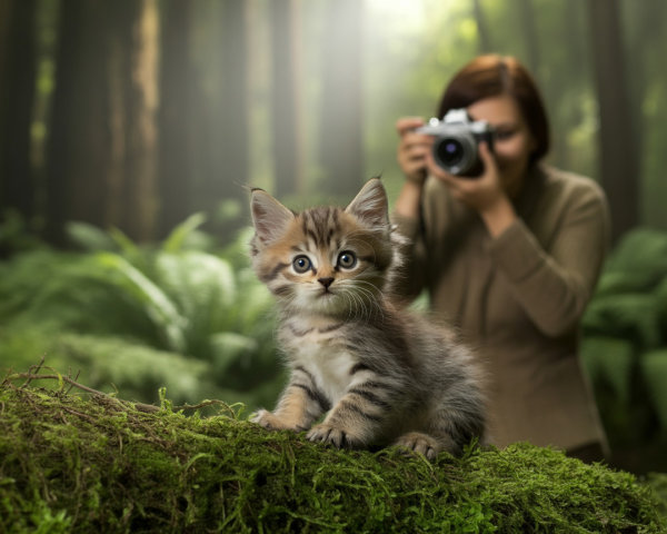 Kitten on Mossy Log in Serene Forest Setting