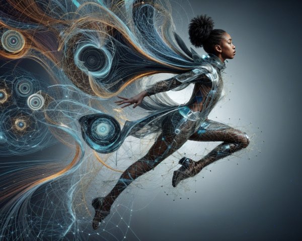 Digital art of a young black woman in futuristic suit