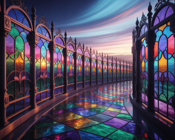 Intricate Stained Glass Corridor with Colorful Reflections