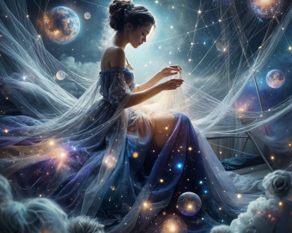 Ethereal Figure in Cosmic Gown Surrounded by Galaxies