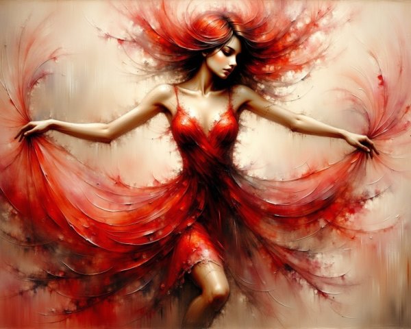 Elegant Woman in Flowing Red Dress with Warm Hues