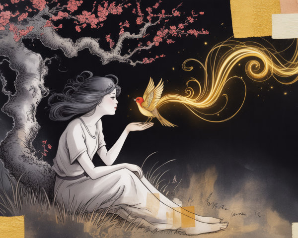Young woman under tree with pink blossoms and bird