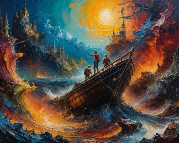 Seascape with Ship Facing Waves and Fiery Sky