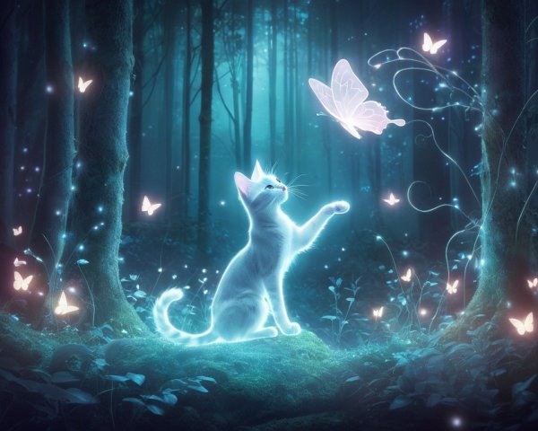 Mystical Forest with Glowing Cat and Butterflies