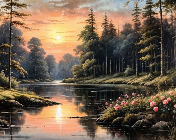 Serene Sunset Landscape with River and Lush Flora