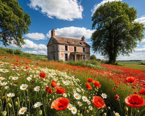 Old Farmhouse Surrounded by Wildflowers and Trees