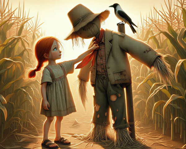 Young Girl and Scarecrow in Golden Cornfield at Dusk