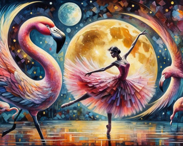 Ballet Dancer with Flamingos Under a Colorful Sky