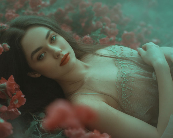 Woman in sheer gown among vibrant red flowers