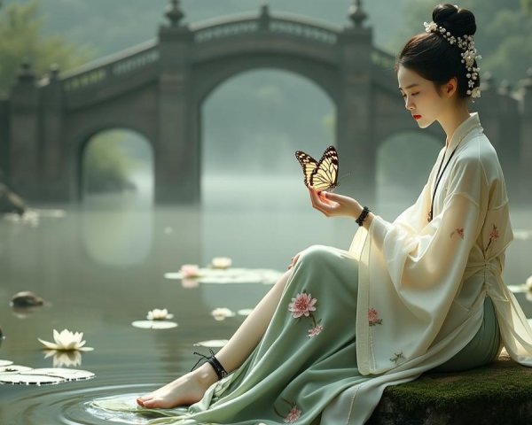 Serene figure by tranquil pond with lotus flowers
