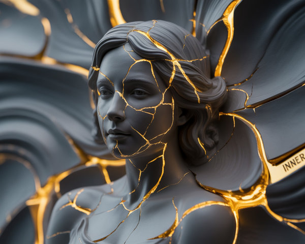 Sculpture of a serene woman with textured backdrop