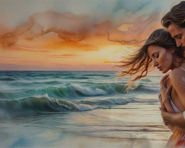 Romantic Beach Sunset with Couple Embracing Together