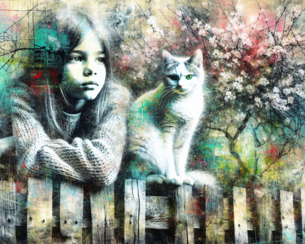 Girl and Cat on Fence with Abstract Floral Background
