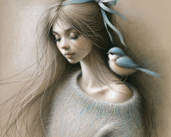 Dreamy Illustration of a Woman with Bluebird and Sweater