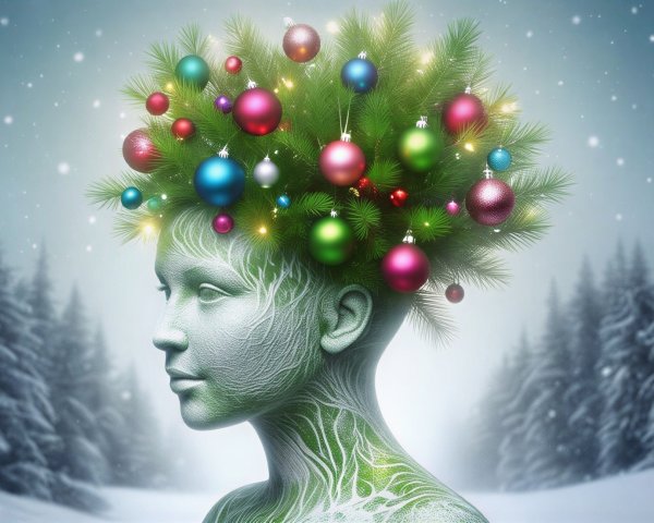 Stylized Human Figure in a Festive Snowy Landscape