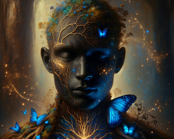 Serene Figure with Butterflies in Mystical Forest