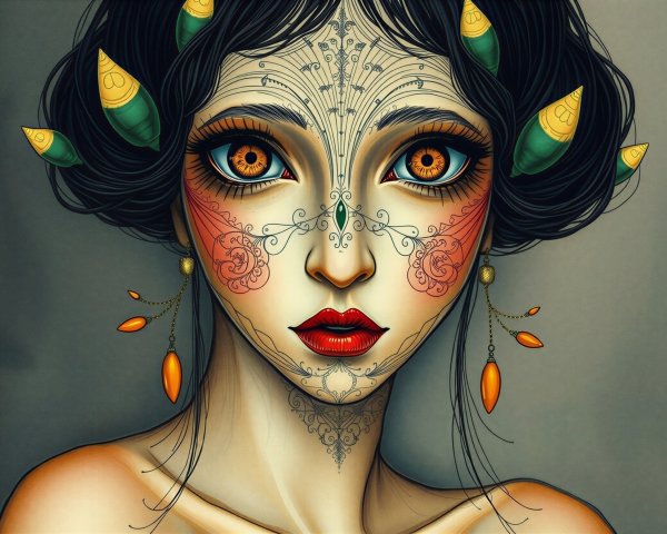 Portrait of a woman with floral facial designs and accents
