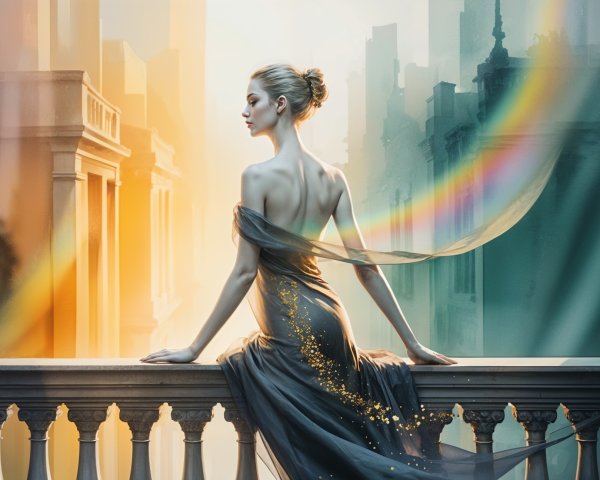 Woman in Elegant Gown on Balcony with City Skyline