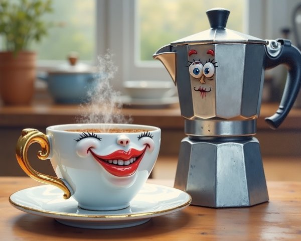 Charming Coffee Cup and Moka Pot in Cozy Kitchen Scene