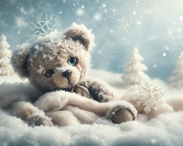 Teddy Bear in Winter Wonderland with Snowflakes