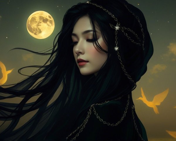 Mystical Woman in Cloak Under Full Moon with Birds