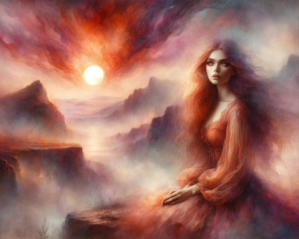 Ethereal Woman in Rust Dress Against Dusk Landscape