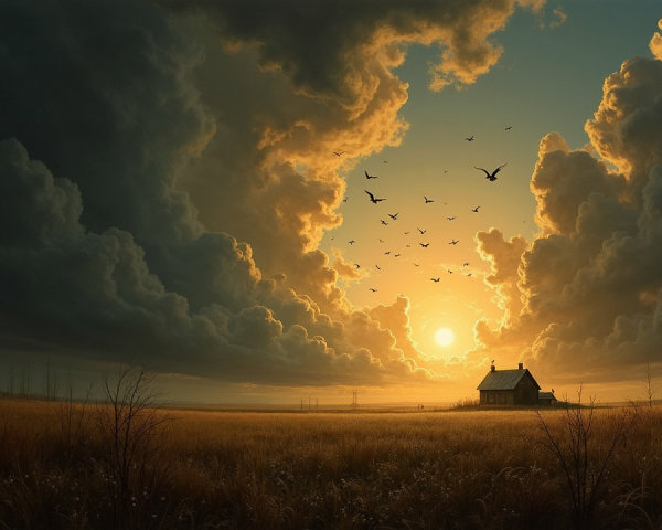 Serene Sunset Landscape with Rustic House and Birds