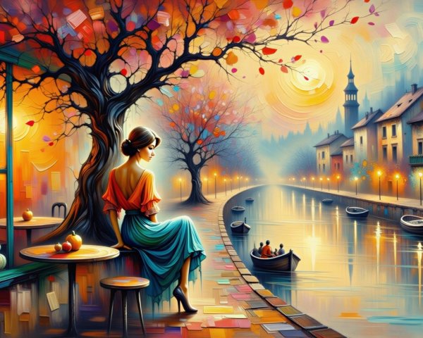 Serene canal scene with autumn trees and a woman