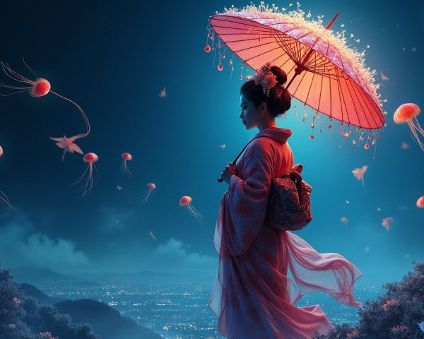Serene figure in kimono with jellyfish at twilight