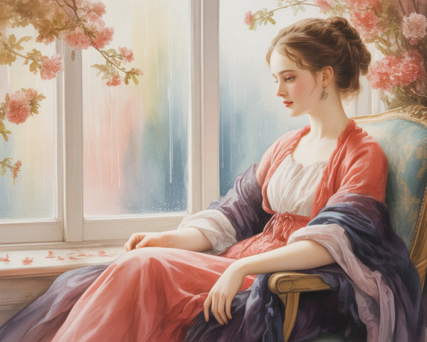 Serene Woman in Elegant Gown by Rainy Window