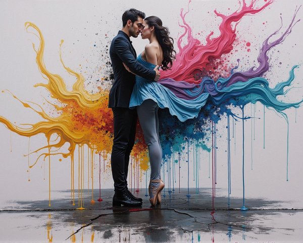 Couple Embraced Amidst Colorful Artistic Backdrop