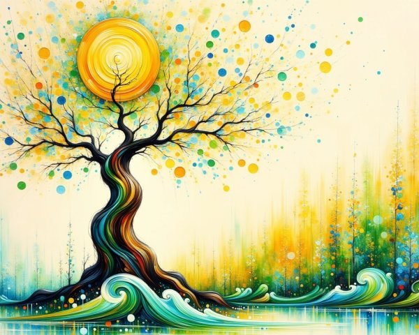 Vibrant Landscape with Stylized Tree and Abstract Elements