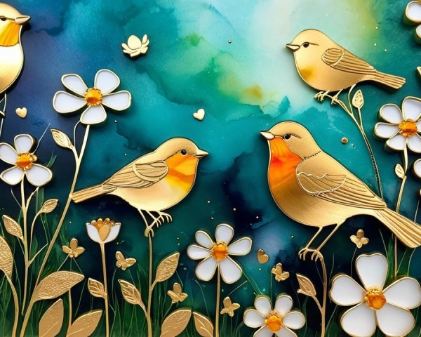 Golden Birds and White Flowers on Blue Background