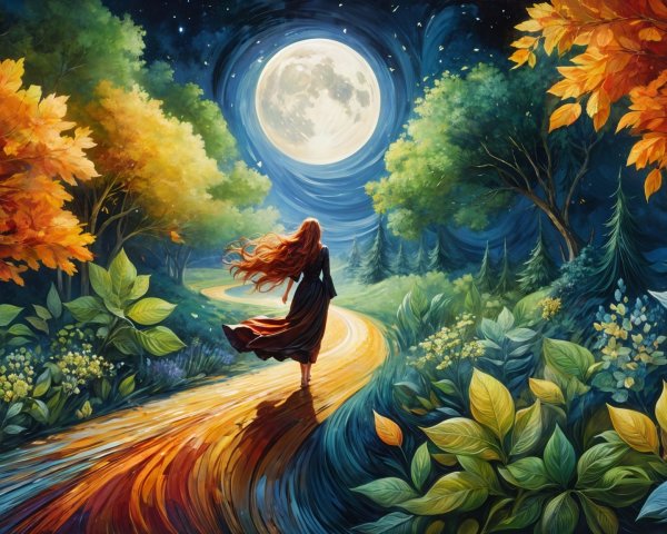 Woman in Red Dress on Moonlit Autumn Path
