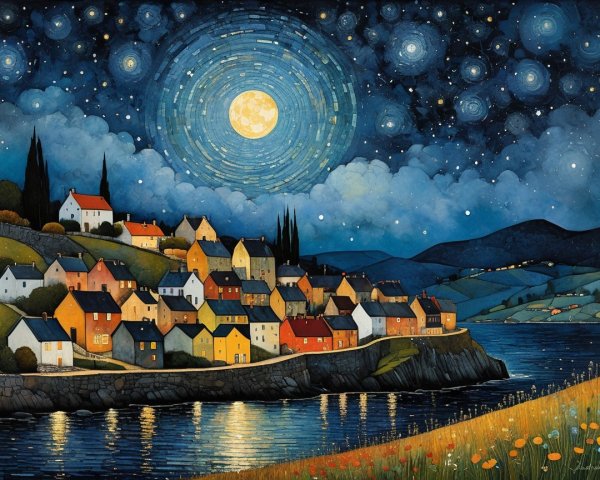 Charming Village at Night by a Shimmering River