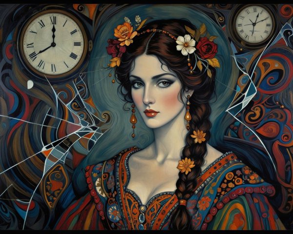 Portrait of a Woman with Braided Hair and Clocks
