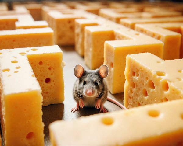 Gray Mouse in Cheese Maze with Whimsical Design