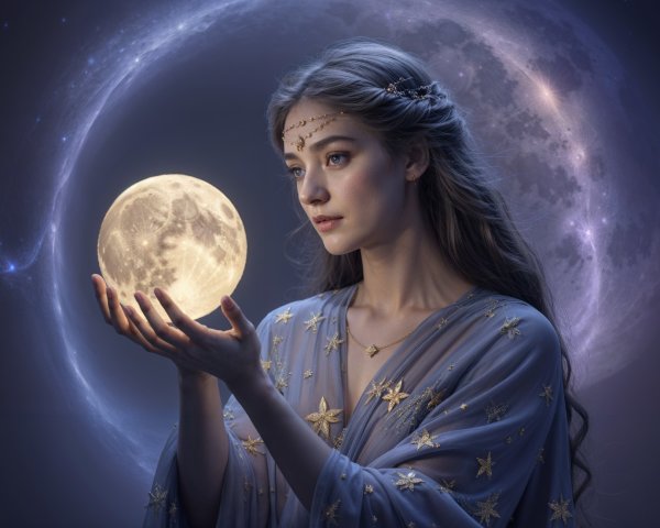 Serene Young Woman with Moon in Ethereal Gown