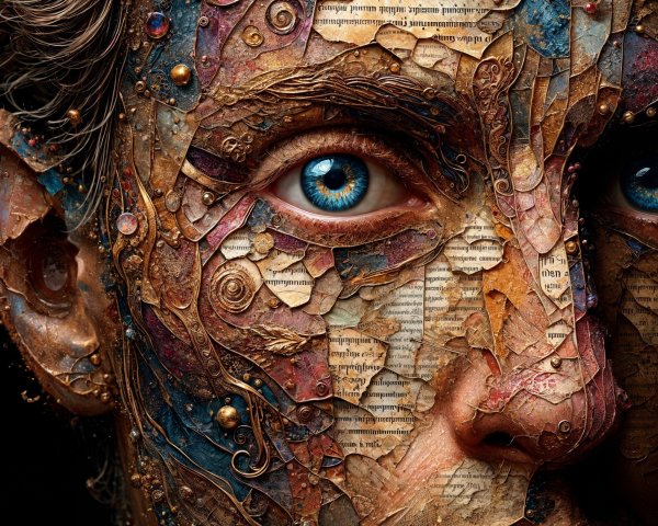 Close-Up of a Textured Human Face with Blue Eyes