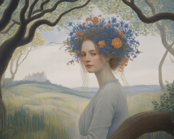 Serene Young Woman in a Dreamy Landscape Setting
