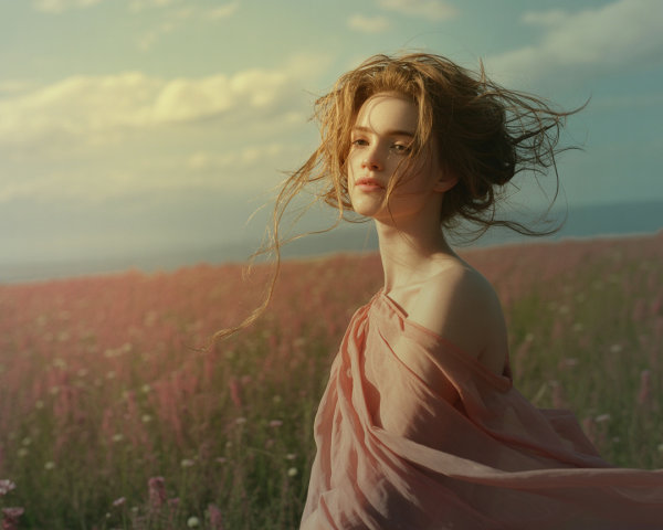 Young woman in a flower field with pastel sky