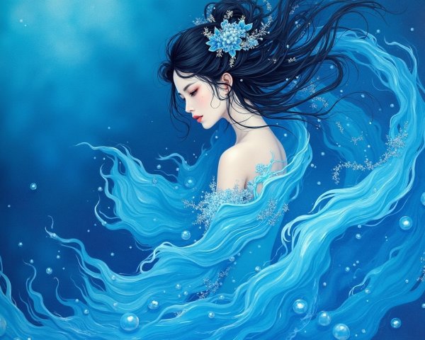 Serene Young Woman Surrounded by Blue Waves and Flowers