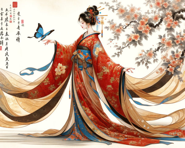 Graceful Woman in Red Kimono with Butterfly and Cherry Blossoms