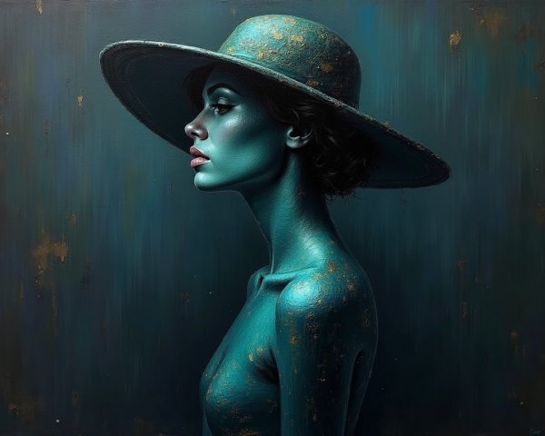 Profile of a Woman with Turquoise Body Paint and Hat