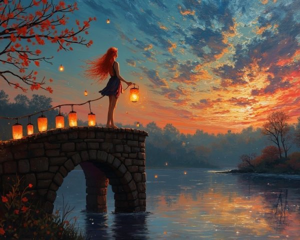 Serene sunset landscape with girl and lantern on bridge