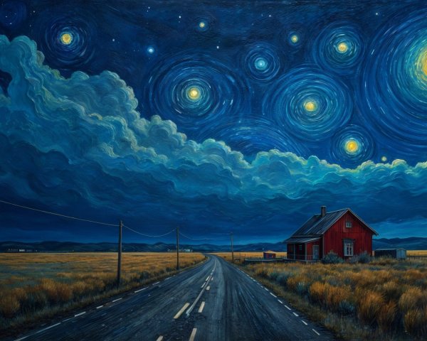 Winding Road Through Golden Fields Under Night Sky