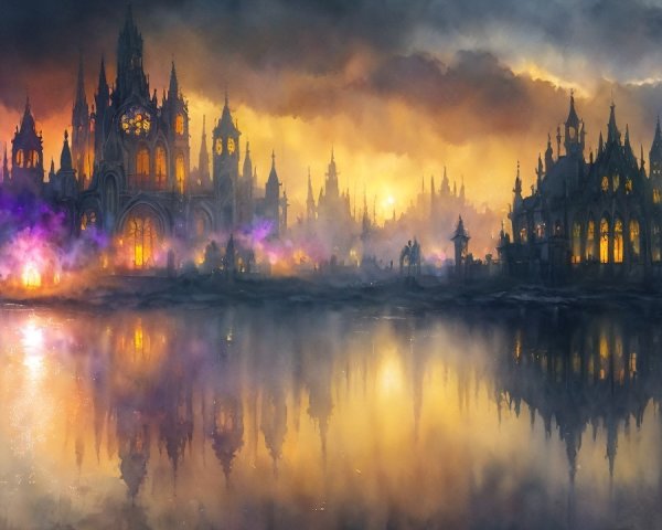 Gothic cityscape at dusk with ethereal reflections