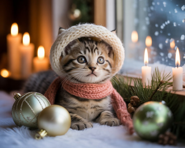 Charming Kitten in Cozy Hat Surrounded by Holiday Decor