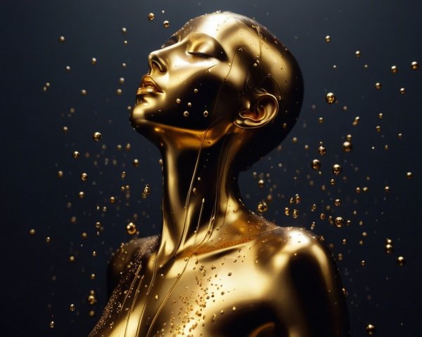 Golden Mannequin Surrounded by Cascading Gold Droplets