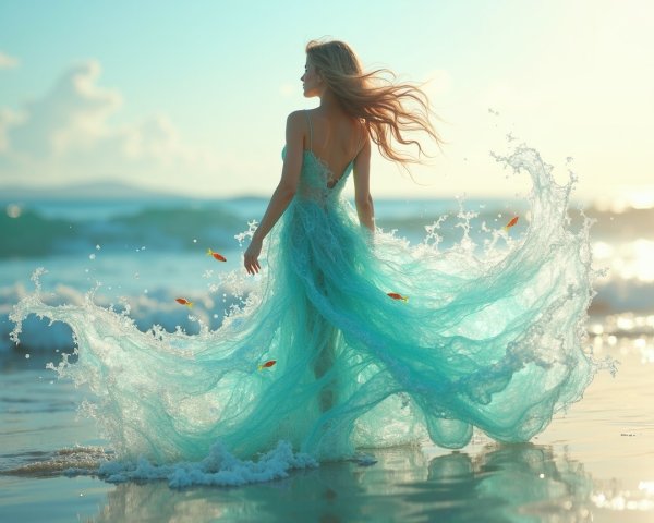 Ethereal Figure in Aqua Gown at Serene Beach